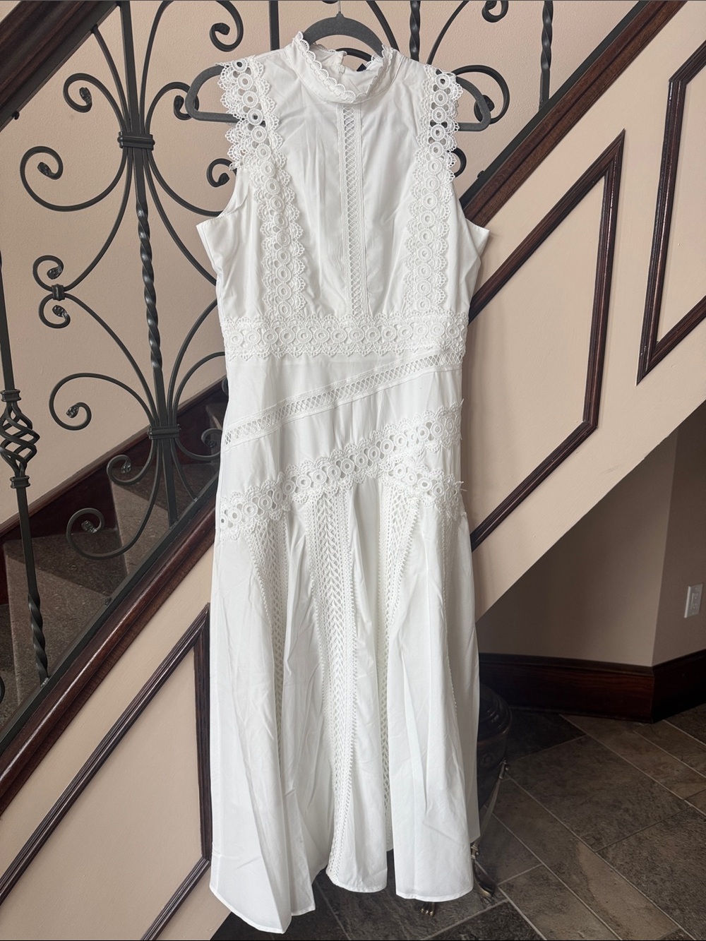 Sleeveless White Lace-Detail Midi Dress